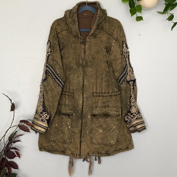 Free People Golden Quills Jacket Green Military Utility Fancy Large Parka - Picture 2 of 7